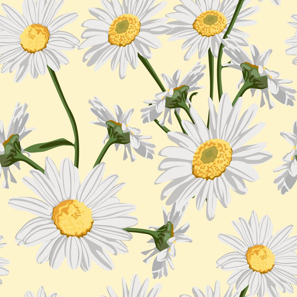 nahtloses Muster mit Kamillen- (Kamillen-) Blüten auf gelbem Hintergrund.  - Vektor, Bild