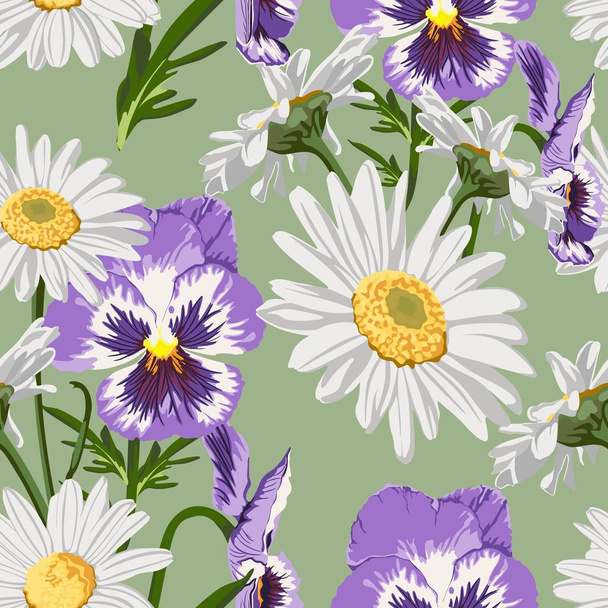 Seamless pattern with chamomiles and viola flowers couple. Hand-drawn illustration on green background. - Vector, Image