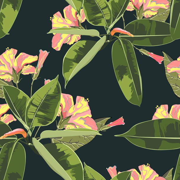 schöne nahtlose florale Muster Hintergrund mit exotischen hellen Ficus Elastika und gelben Hibiskusblüten. perfekt für Tapeten, Webseiten-Hintergründe, Textilien. dunkler Hintergrund. - Vektor, Bild