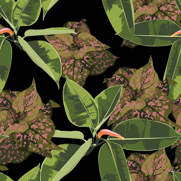 熱帯明るいイチジク弾性とエキゾチックな植物と美しいシームレスな花のパターンの背景。壁紙、ウェブページの背景、表面のテクスチャ、テキスタイルに最適です。黒の背景. - ベクター画像