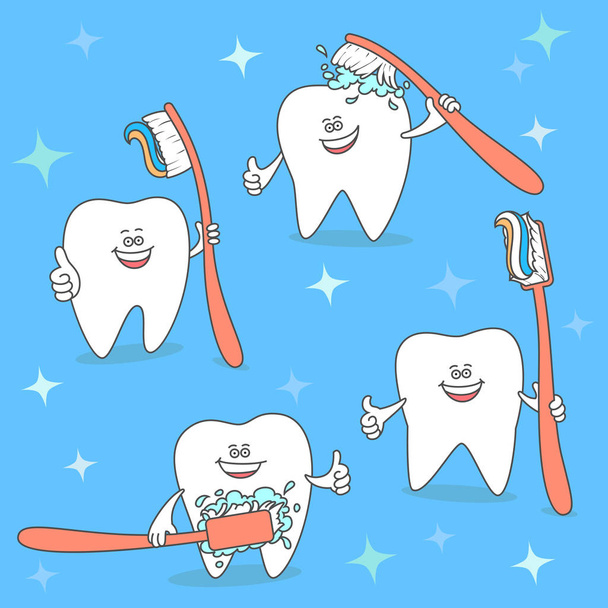 Diş fırçalı karikatür dişi. Diş hekimliği illüstrasyon seti. Diş fırçalama konsepti. - Vektör, Görsel