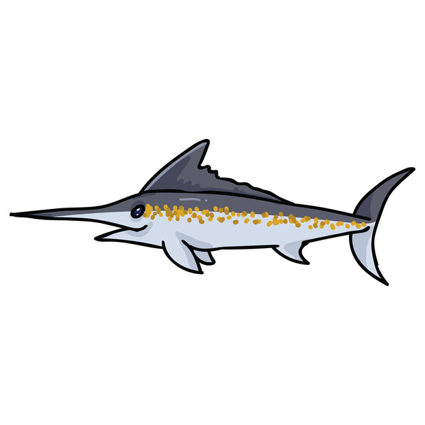 Cute ocean marlin cartoon vector illustration motif set. Hand drawn isolated sea life swordfish elements clipart for nautical blog, sword graphic, fishing web buttons. - Vector, Image