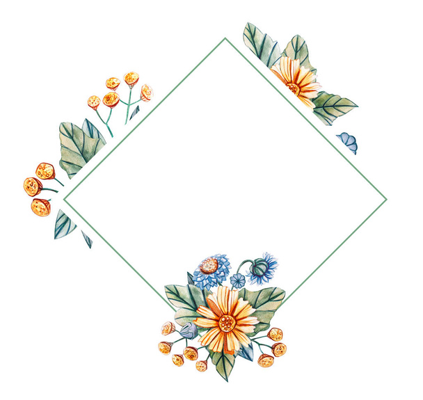 Floraler quadratischer Rahmen aus Aquarell-Wildblumen. - Foto, Bild