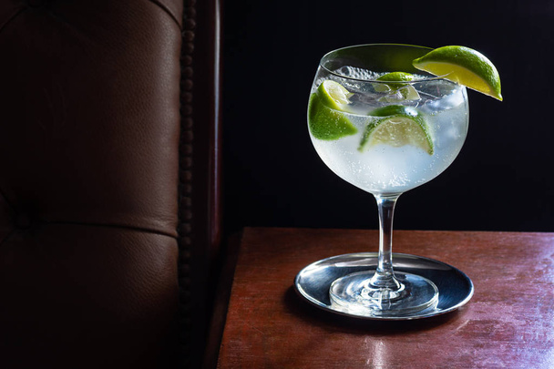 Cold Gin and Tonic (or Vodka Tonic) with Ice and Limes in Dark Luxurious Bar with Copy Space in Black Background - Foto, Imagem