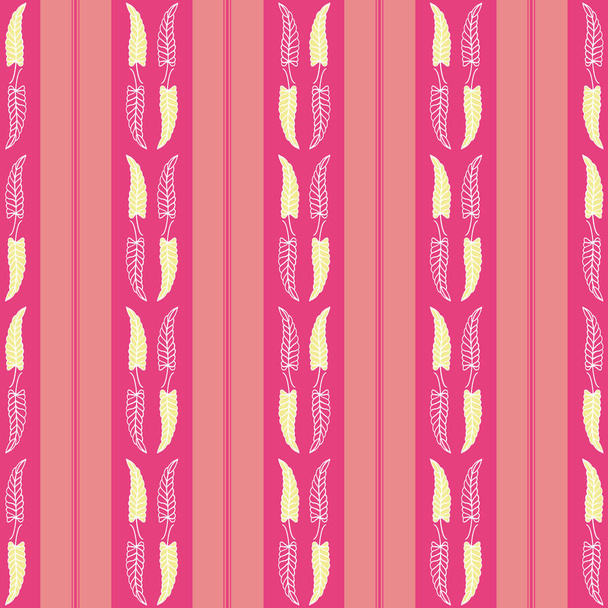 明るいストライプのデザインで手描き未完成の黄色と白の葉。ピンクの背景にシームレスな垂直ジオメトリベクトルパターン。ウェルネス、美容、食品、包装、文房具に最適 - ベクター画像