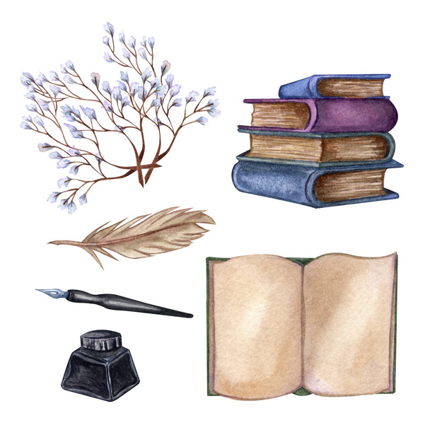 Hand Drawn watercolor illustration. Set with a pile of old books, ink bottle, ink pen, floral twigs, open book, feather.  - Photo, Image