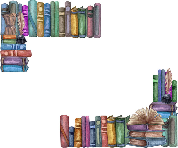 Schulbücher Rahmen, Bildung Kunstbibliothek, Bücherregale Aquarell handgezeichnete Illustration. quadratischer Rahmen mit Büchern. - Foto, Bild