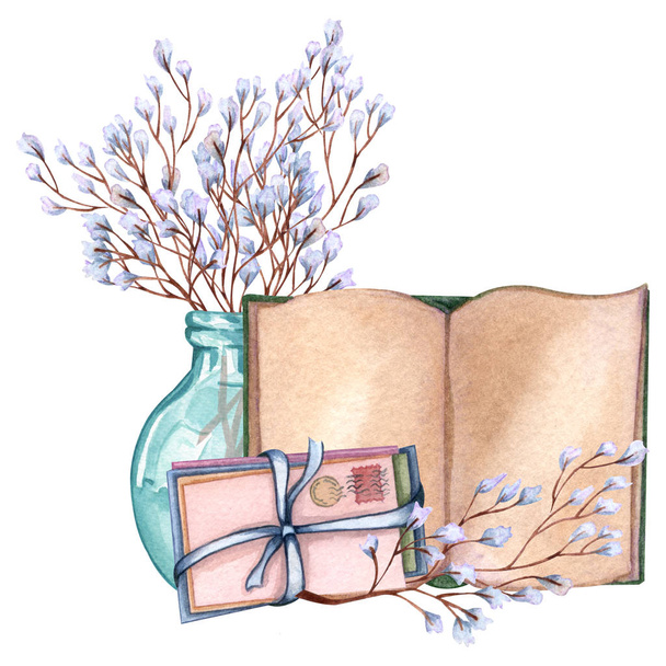Hand Drawn watercolor illustration open book, floral twigs in a vase, letters.  - Foto, imagen