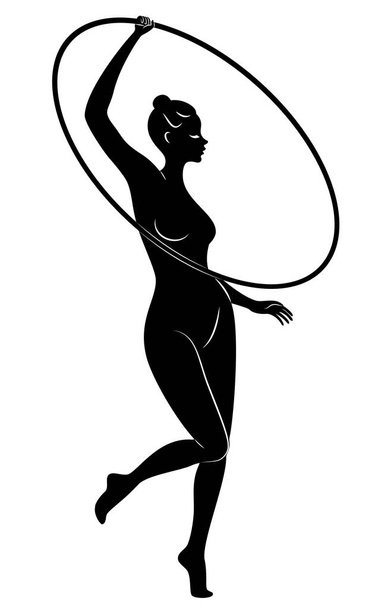 La silhouette di una signora carina. Una ginnasta femminile impegnata nello sport. Gira il cerchio. La donna è giovane e magra, con una bella figura. Illustrazione vettoriale
 - Vettoriali, immagini