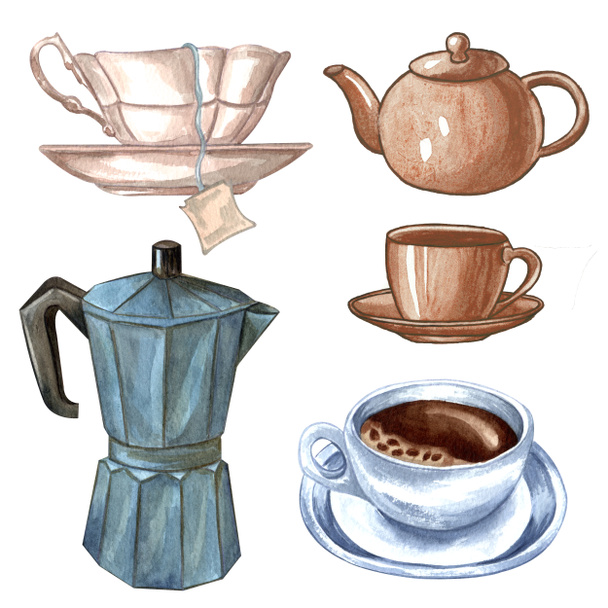 Vesiväri aamiainen asettaa, kuppi teetä, teekannu, kahvinkeitin, kuppi og kahvia eristetty valkoisella pohjalla
.  - Valokuva, kuva