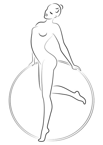 Silhouette of a cute lady. Girl gymnast involved in sports. Twists the hoop. The woman is young and slim, with a beautiful figure. Vector illustration - Vector, Image