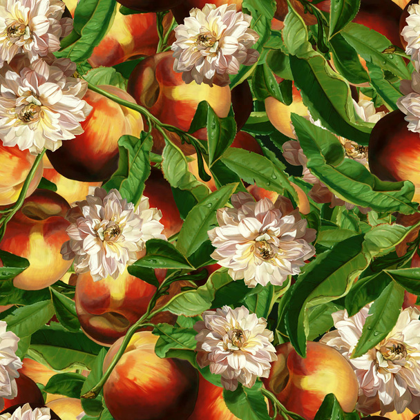Seamless pattern in Dutch style. Scenic plum in digital art and leaves, peony, butterflies. Dutch still life - Photo, Image