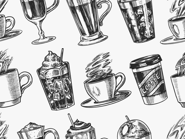Vintage tarzı kahve arka plan bardak. Kusursuz desen. Cappuccino ve Glace, espresso ve latte, mocha ve Americano, bir bardak frappe götürün. El çizilmiş oyulmuş retro kroki. - Vektör, Görsel