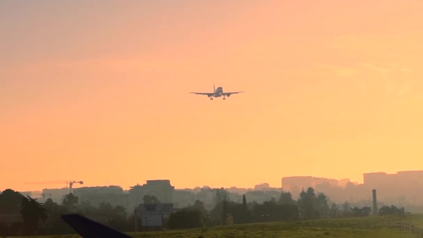 Avión aterrizando al atardecer contra un hermoso cielo dorado
 - Imágenes, Vídeo