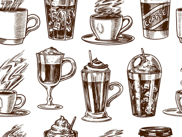 Cups of coffee background in vintage style. Seamless pattern. Take away Cappuccino and Glace, espresso and latte, mocha and Americano, frappe in a glass. Hand drawn engraved retro sketch. - Vector, Image
