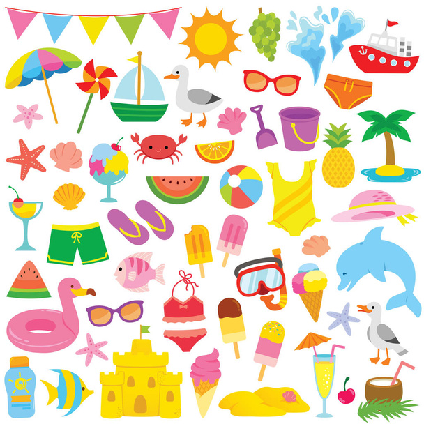 Summer and beach themed clip art set with cute illustrations for kids - Vector, Image