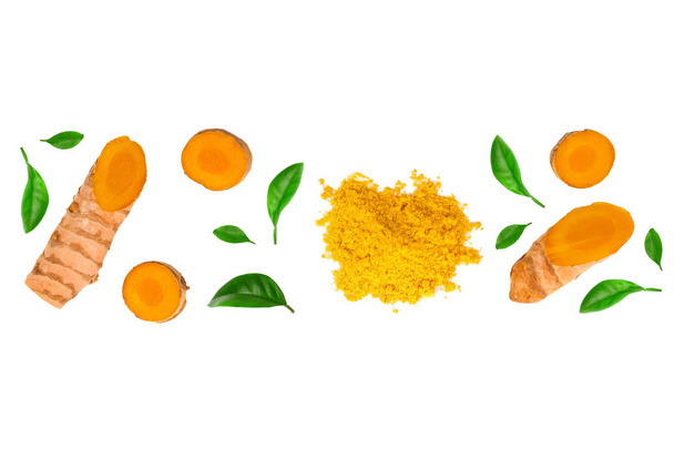 Turmeric powder and turmeric root isolated on white background with copy space for your text. Top view. Flat lay - Photo, Image