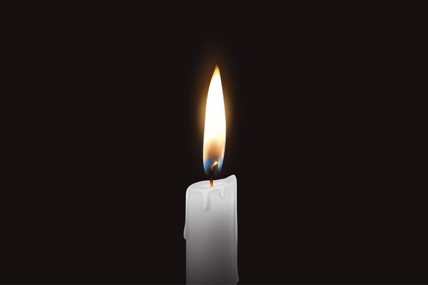 Vector 3d Realistic One Single Rendwer White Paraffin or Wax Burning Candle Closeup Isolated on Dark or Black Background. Flame at Night - Vector, Image