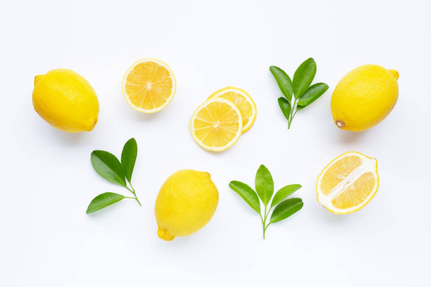 lemon and slices with leaves isolated on white. - Fotografie, Obrázek