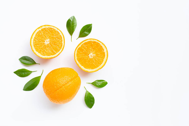High vitamin C. Fresh orange citrus fruit with leaves isolated o - Фото, изображение