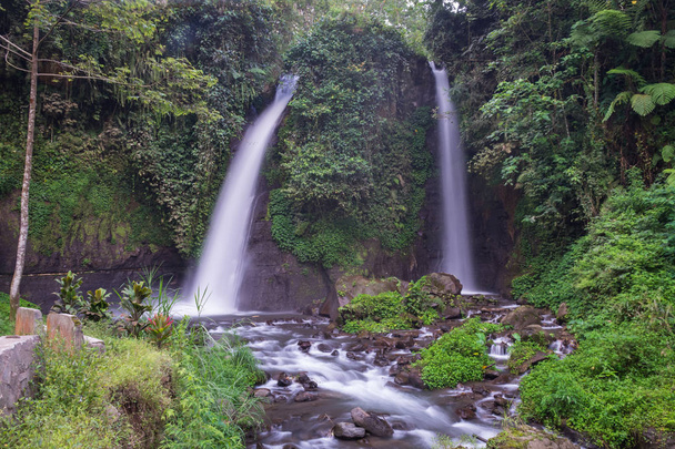 Bliźniacze wodospady, że część piękna Raung Mountain sloves, Kalibaru Wetan Village, Banyuwangi Regency, Indonezja. Tirto Kemanten w Jawajski oznacza narzeczonej wody lub ślub para wody. - Zdjęcie, obraz