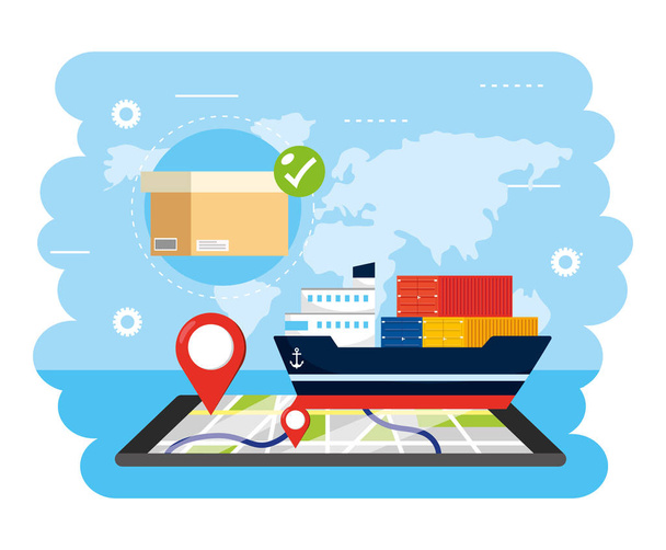 ship transport with smartphone gps location and box - Vector, Image