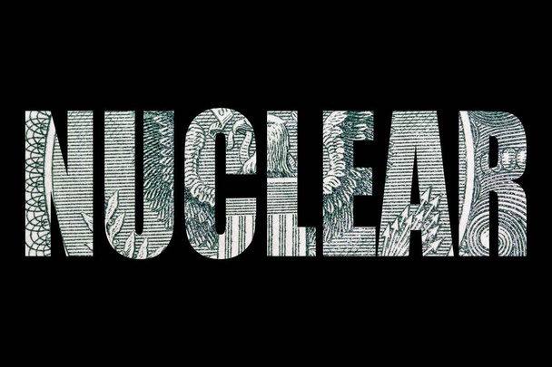 nukleare Inschrift mit Geld drinnen auf schwarzem Hintergrund - Foto, Bild