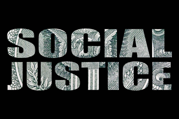 Iscrizione di giustizia sociale con soldi dentro su sfondo nero
 - Foto, immagini
