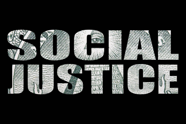Iscrizione di giustizia sociale con soldi dentro su sfondo nero
 - Foto, immagini