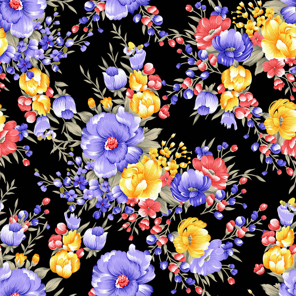 seamless traditional colorful flower black background - Photo, Image