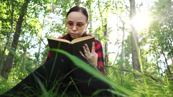 Woman reading a book in a green summer forest. - Imágenes, Vídeo