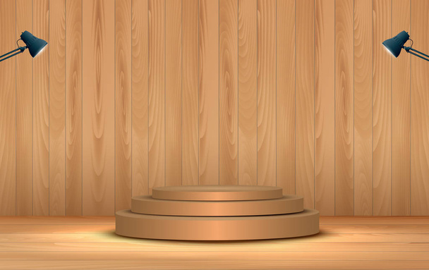 ξύλινο βάθρο με προβολέα στο ξύλινο δωμάτιο - Διάνυσμα, εικόνα