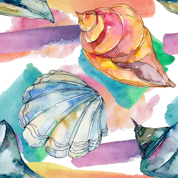 Summer beach seashell tropical underwater elements. Watercolor background illustration set. Watercolour drawing fashion aquarelle isolated. Seamless background pattern. Fabric wallpaper print texture. - Fotoğraf, Görsel