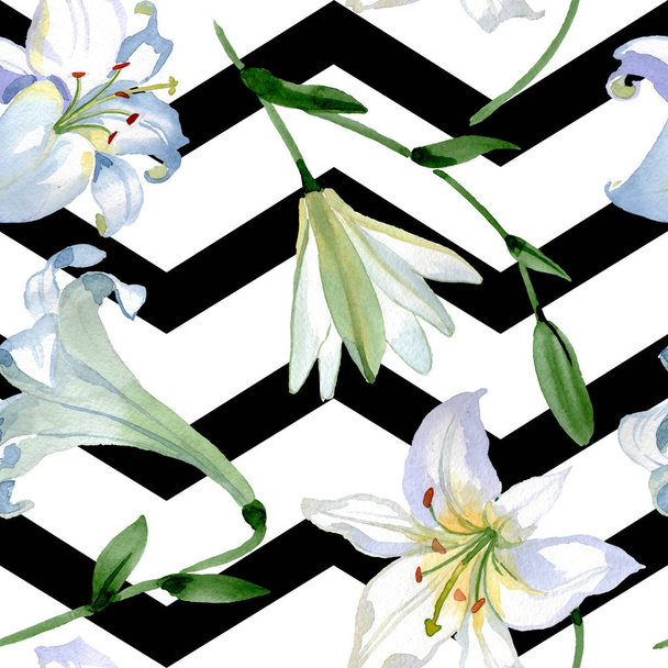 白いユリの花の植物の花。野生の春の葉の野生の花。●水彩イラストセット。水彩画ファッションアクアレル。シームレスな背景パターン。ファブリック壁紙プリントテクスチャ. - 写真・画像