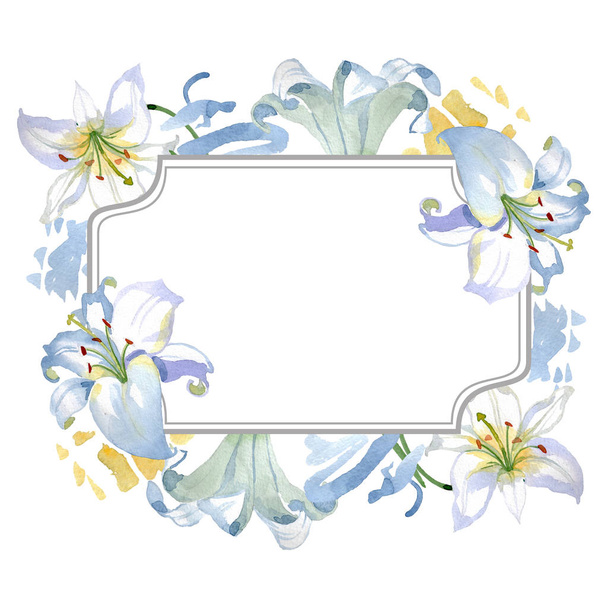 Fehér liliom virágos botanikus virágok. Vad tavaszi levél vadvirág elszigetelt. Akvarell háttér illusztráció meg. Akvarell rajz divat Aquarelle. Keretszegély Dísz tér. - Fotó, kép