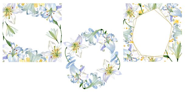 Bílé lilie květinové botanické květiny. Divoké květinové listí. Vodný obrázek pozadí-barevný. Akvarel na kreslicím módu. Obdélníkovský čtverec na okraji rámu. - Fotografie, Obrázek