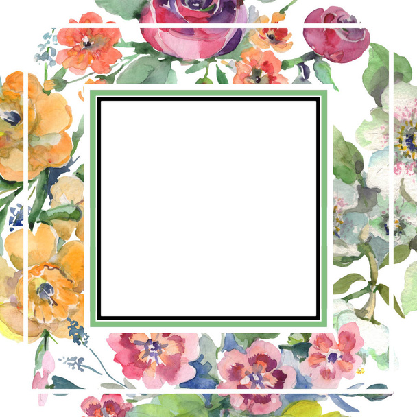 花束花植物の花。水彩画背景イラスト セット。フレーム枠飾りスクエア. - 写真・画像