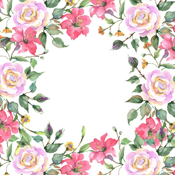 Pink rose bouquet floral botanical flowers. Wild spring leaf wildflower isolated. Watercolor background illustration set. Watercolour drawing fashion aquarelle. Frame border ornament square. - Fotó, kép