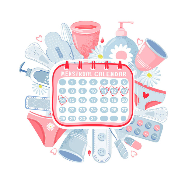 Higiene femenina en forma de círculo con copa menstrual, tampón, jabón, panty, calendario menstrual, servilleta sanitaria, manzanilla y pastillas
. - Vector, Imagen