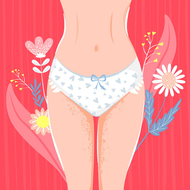 Nainen lisääntymisterveyden kuvitus naisen kehon, nivusiin naisen, pikkuhousut ja kukat
. - Vektori, kuva