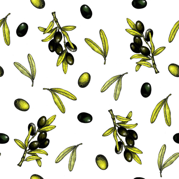 nahtloses Muster mit einer Illustration schwarzer und grüner Oliven auf weißem Hintergrund mit Zweigen und Blättern. Design für Olivenöl, Verpackungen, Naturkosmetik, Gesundheitsprodukte, Tapeten - Foto, Bild