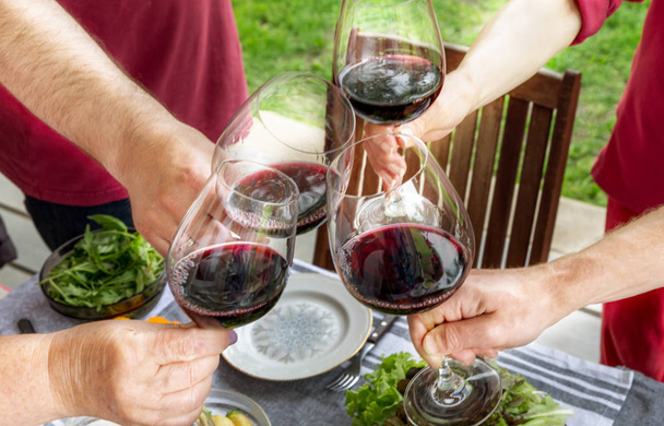 Famille d'âges différents les gens célèbrent joyeusement à l'extérieur avec des verres de vin rouge, proclament pain grillé
 - Photo, image