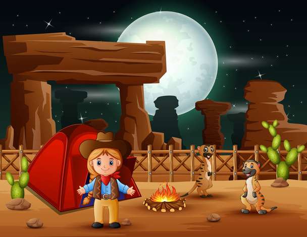 Cartoon cowgirl camping avec des suricates la nuit
 - Vecteur, image