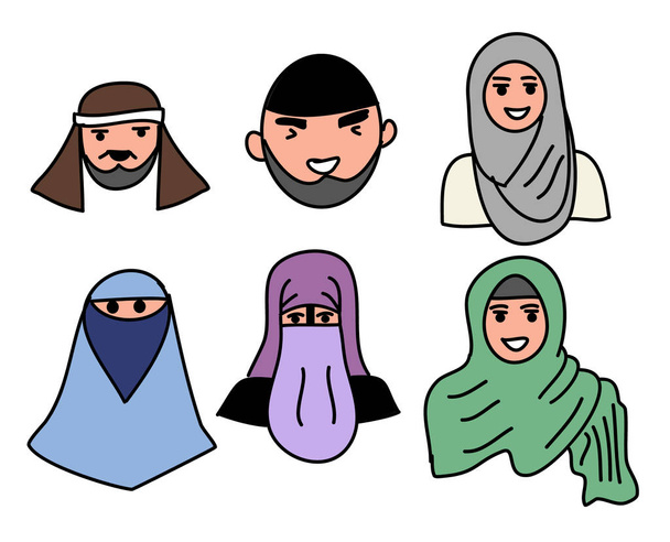 Tête dessinée à la main Musulmans hommes et femmes Musulmans
 - Vecteur, image