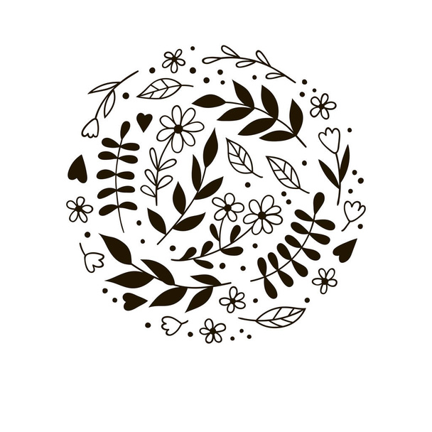 Delicate doodle background of flowers, twigs and leaves. - Vector, Imagen