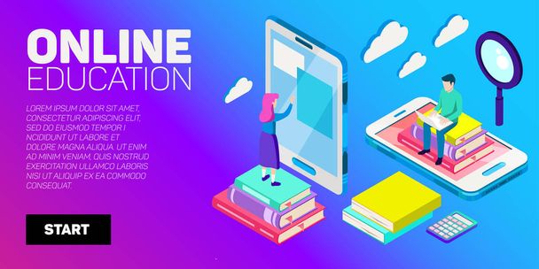 Isometric vector banner. Online education, learning, distant courses. School, college, unversity. - Vektor, kép