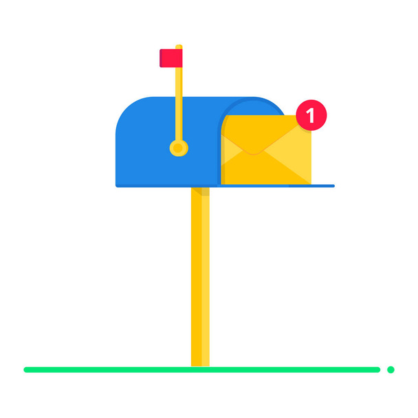 Sininen postilaatikko kirjekuori kirjain tasainen tyyli vektori kuvitus kuvake merkki. Uusi viesti symboli numero 1 se eristetty valkoisella taustalla
. - Vektori, kuva