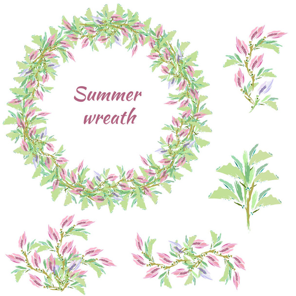 Set of green floral patterns, ornaments and vector wreaths of green leaves and flowers. The concept of spring ornament. Vector illustration. - Vector, Image