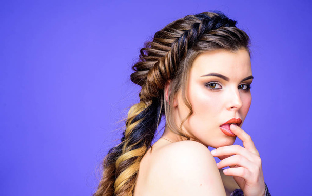 beautiful woman with luxury hair. beauty fashion. skincare and makeup. sexy woman with fashion makeup. best hairstyle. volume hair. hairdresser salon. copy space. sexy woman on purple background - Foto, Imagem