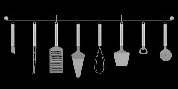 conjunto de utensilios de cocina metálicos aislados sobre fondo negro
 - Foto, imagen